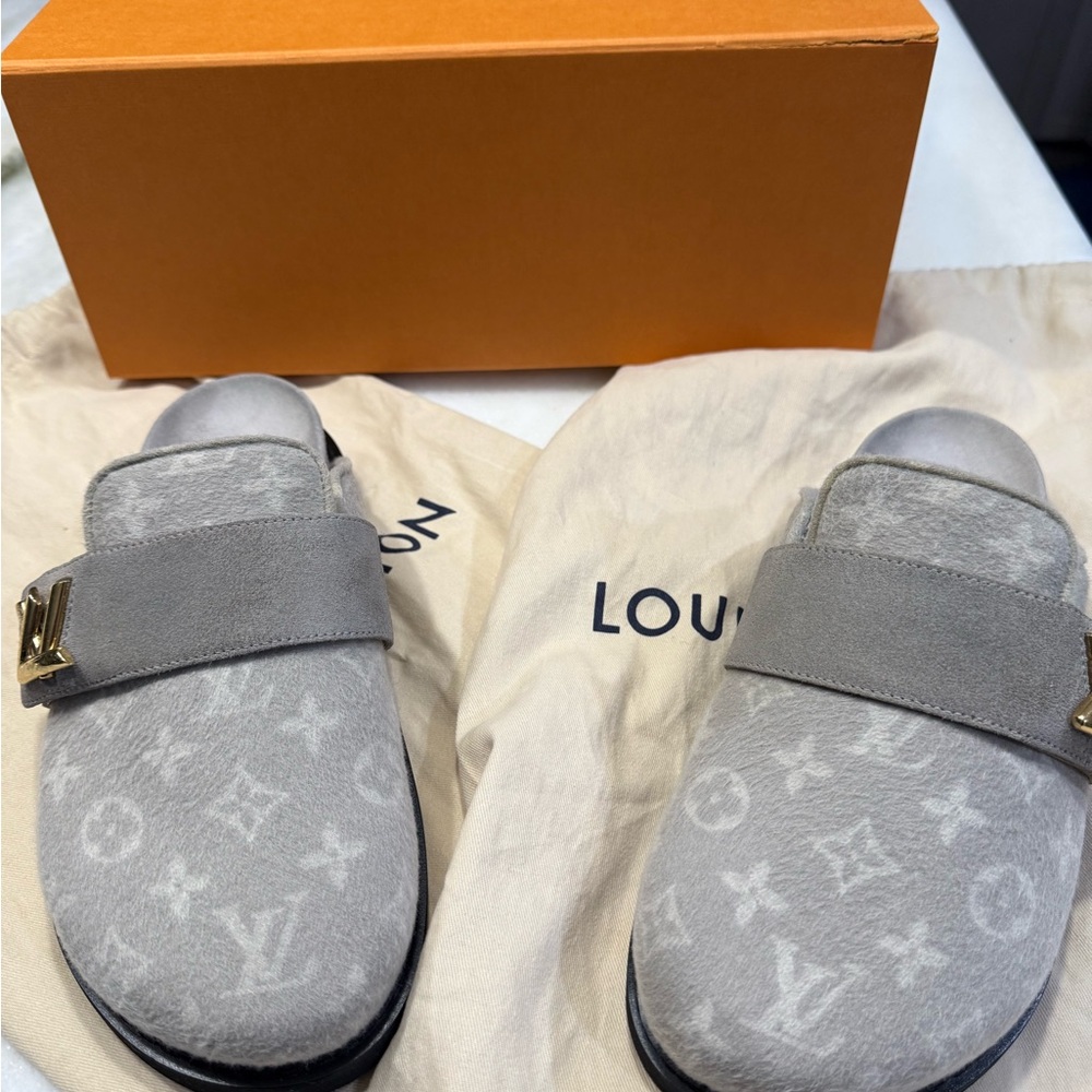 Louis Vuitton Gray Monogram Mules with original box and dust covers!